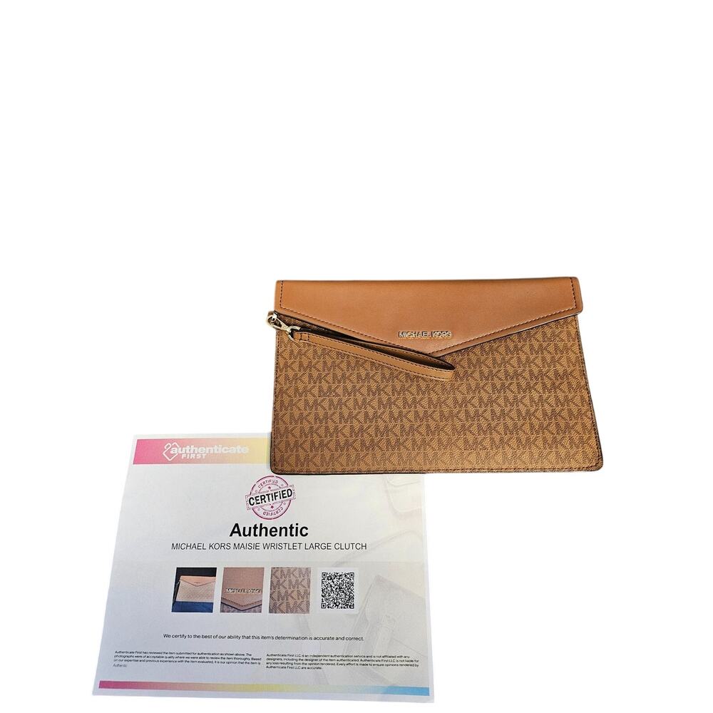 Michael Kors Maisie Large Wristlet Clutch Brown MK Signature Logo Leather